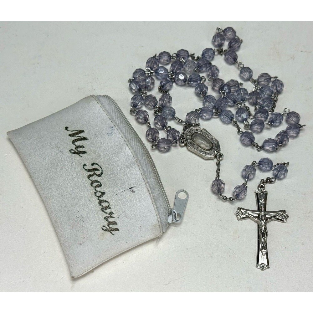 VTG Eau De Lourdes Faceted Clear Bead Catholic Rosary Cross 23" Pouch Religious